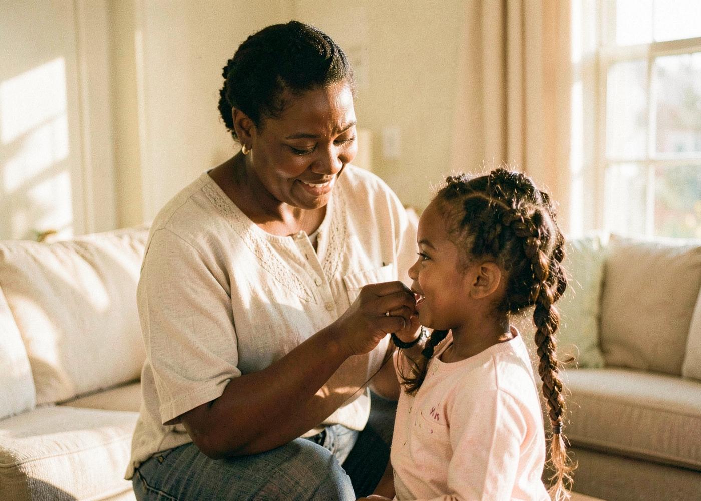 A mother braiding her daughter's hair in warm afternoon light